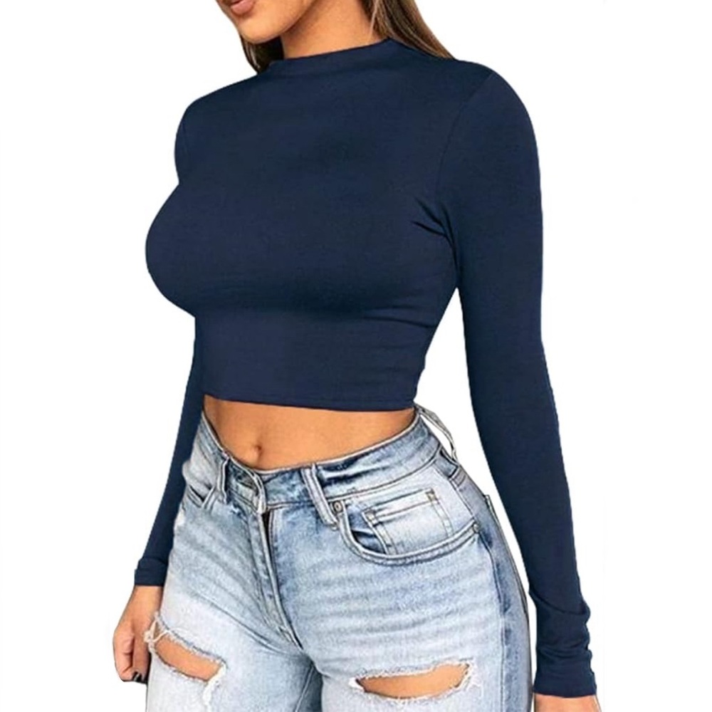 Sexy Slim Long Sleeve Stretchy crewneck Crop Top